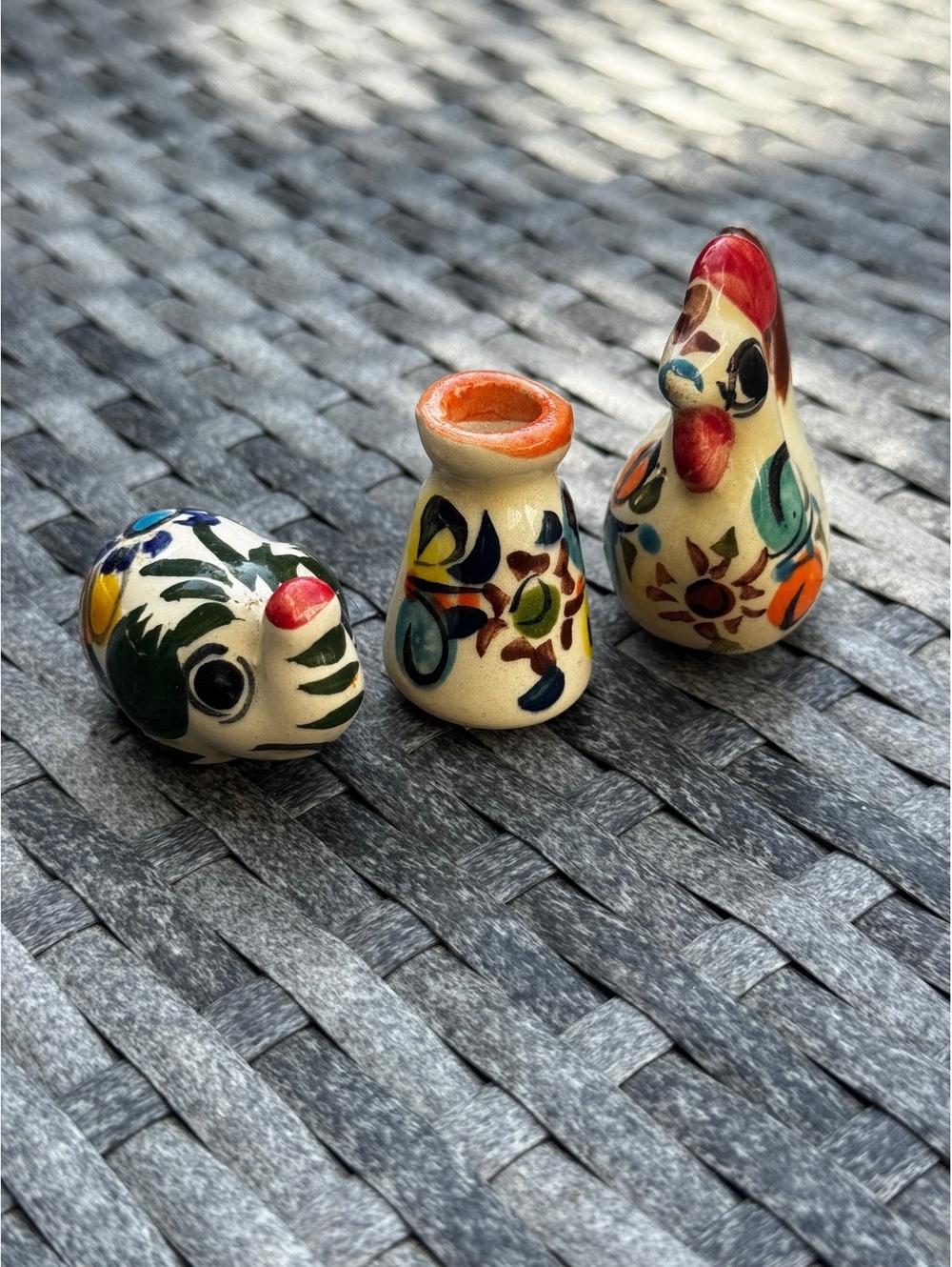 Vintage Mexican Folk Art Pottery Lot of 3 Hand Painted Bird Rooster Vase